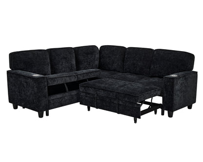 L-Shaped Sofa with Pull Out Sofa Bed, Sleeper Sofa Couch Bed with Storage Seat, 5 Seat Sectional Sofa Bed with USB, Sectional Sofa Couch for Living Room, Apartment, Charcoal Grey image 12