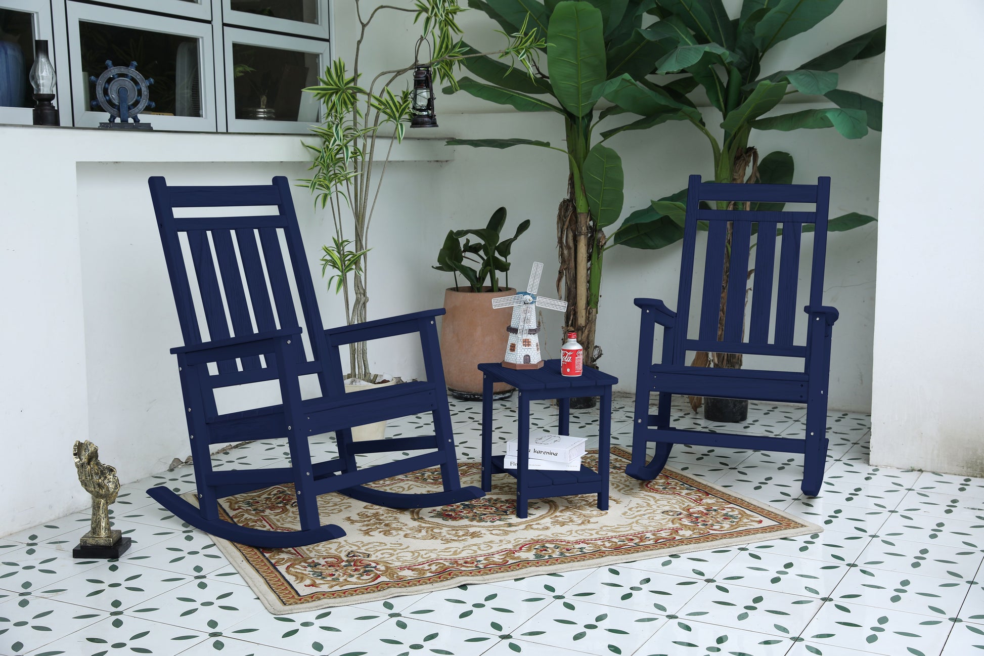 All Weather Rocking Chair Set with Side Table, 3-Piece Rocking Chair Set with Wood-Texture, Navy Blue(includes 2 Rocking Chairs and 1 Table) image 1