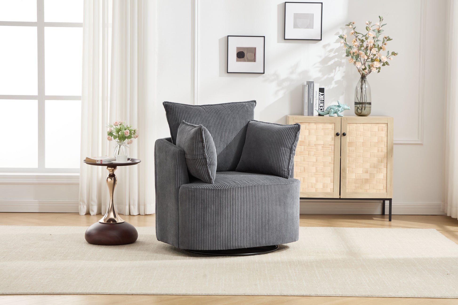 Grey Swivel Accent Chair,Round Swivel Barrel Chair,Armchair Upholstered Living Room Chair Corduroy Reading Chair Single Sofa Chair for Bedroom Apartment Office image 1
