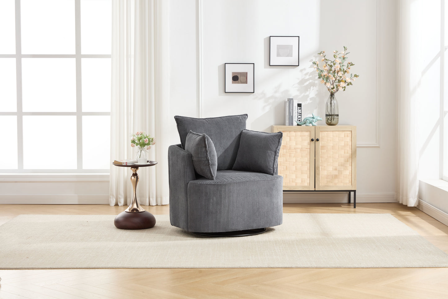 Grey Swivel Accent Chair,Round Swivel Barrel Chair,Armchair Upholstered Living Room Chair Corduroy Reading Chair Single Sofa Chair for Bedroom Apartment Office image 2