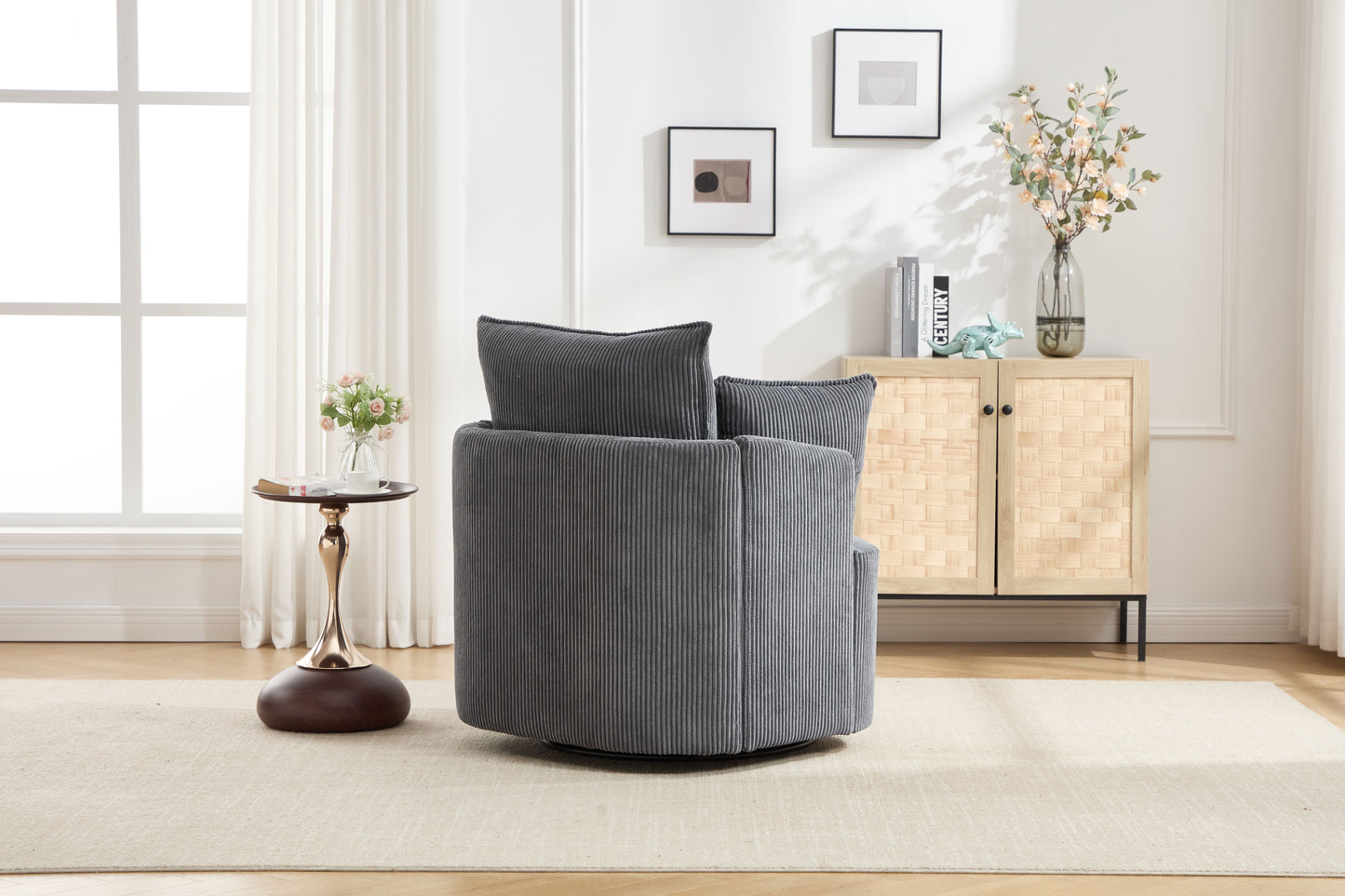 Grey Swivel Accent Chair,Round Swivel Barrel Chair,Armchair Upholstered Living Room Chair Corduroy Reading Chair Single Sofa Chair for Bedroom Apartment Office image 4