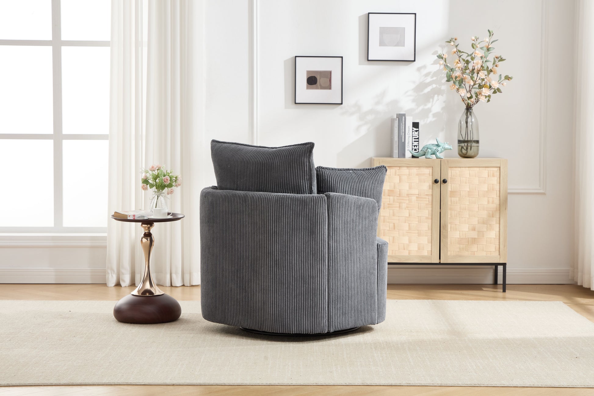 Grey Swivel Accent Chair,Round Swivel Barrel Chair,Armchair Upholstered Living Room Chair Corduroy Reading Chair Single Sofa Chair for Bedroom Apartment Office image 4