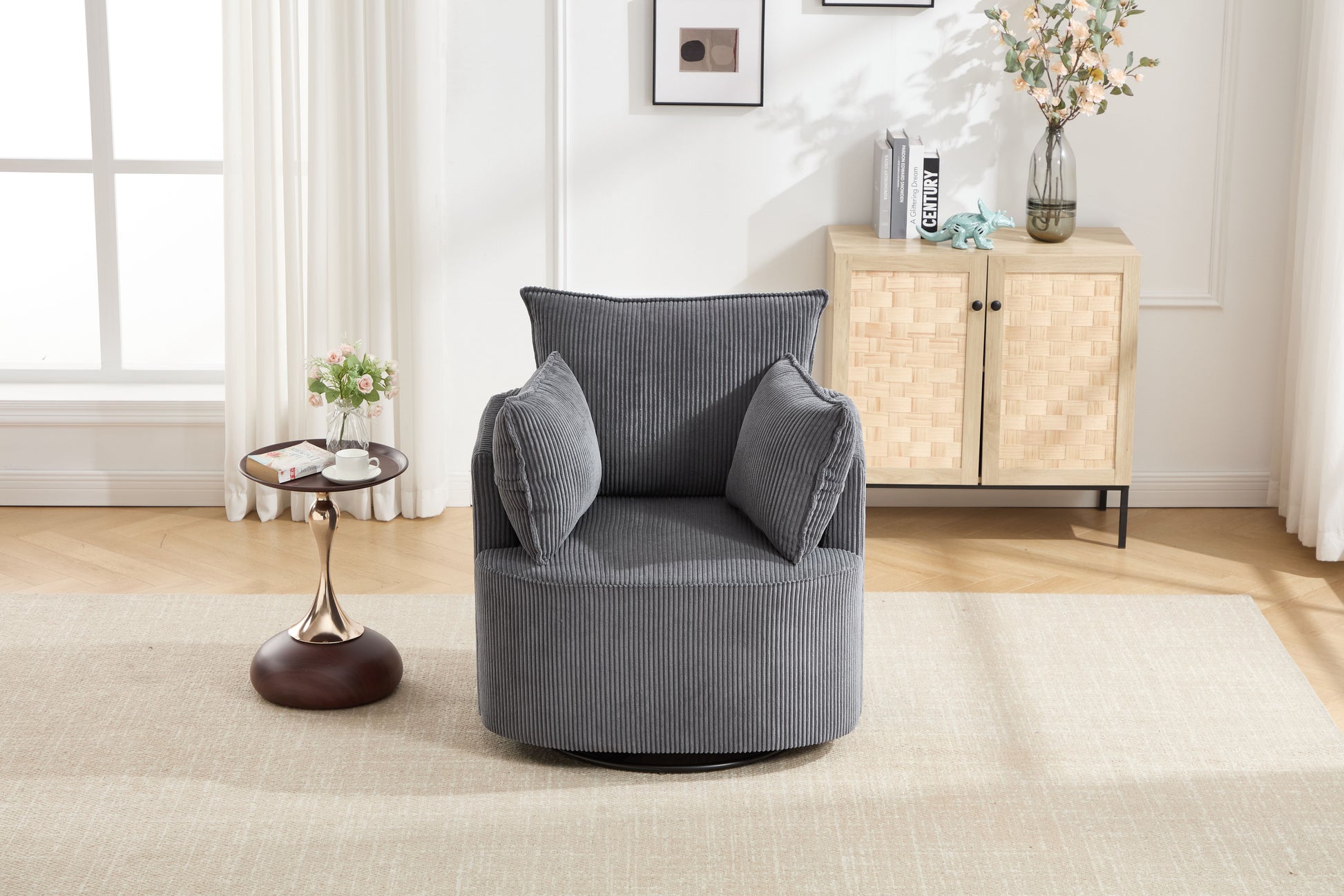 Grey Swivel Accent Chair,Round Swivel Barrel Chair,Armchair Upholstered Living Room Chair Corduroy Reading Chair Single Sofa Chair for Bedroom Apartment Office image 5