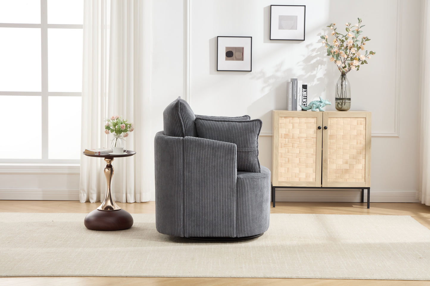 Grey Swivel Accent Chair,Round Swivel Barrel Chair,Armchair Upholstered Living Room Chair Corduroy Reading Chair Single Sofa Chair for Bedroom Apartment Office image 6