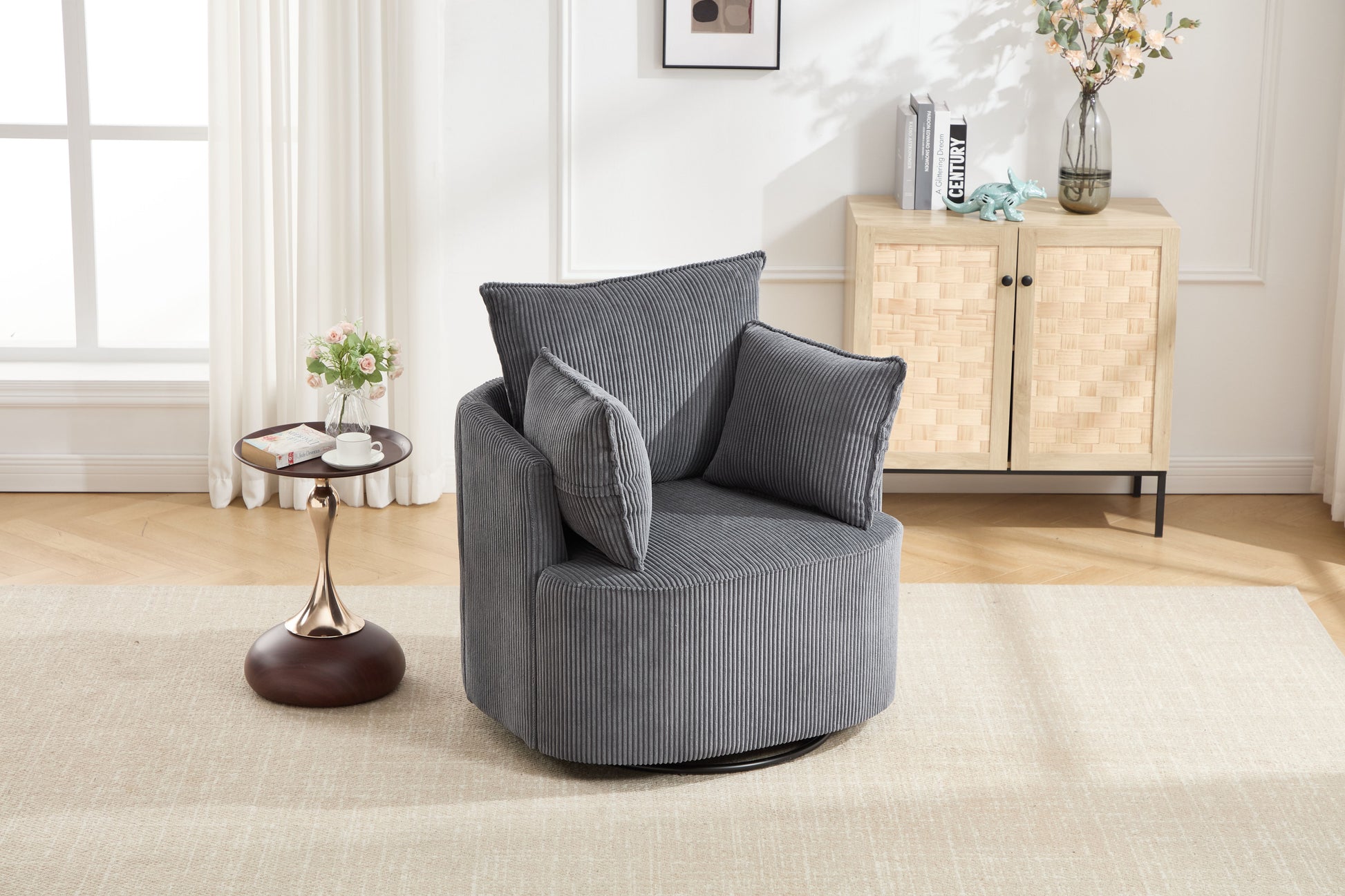 Grey Swivel Accent Chair,Round Swivel Barrel Chair,Armchair Upholstered Living Room Chair Corduroy Reading Chair Single Sofa Chair for Bedroom Apartment Office image 9
