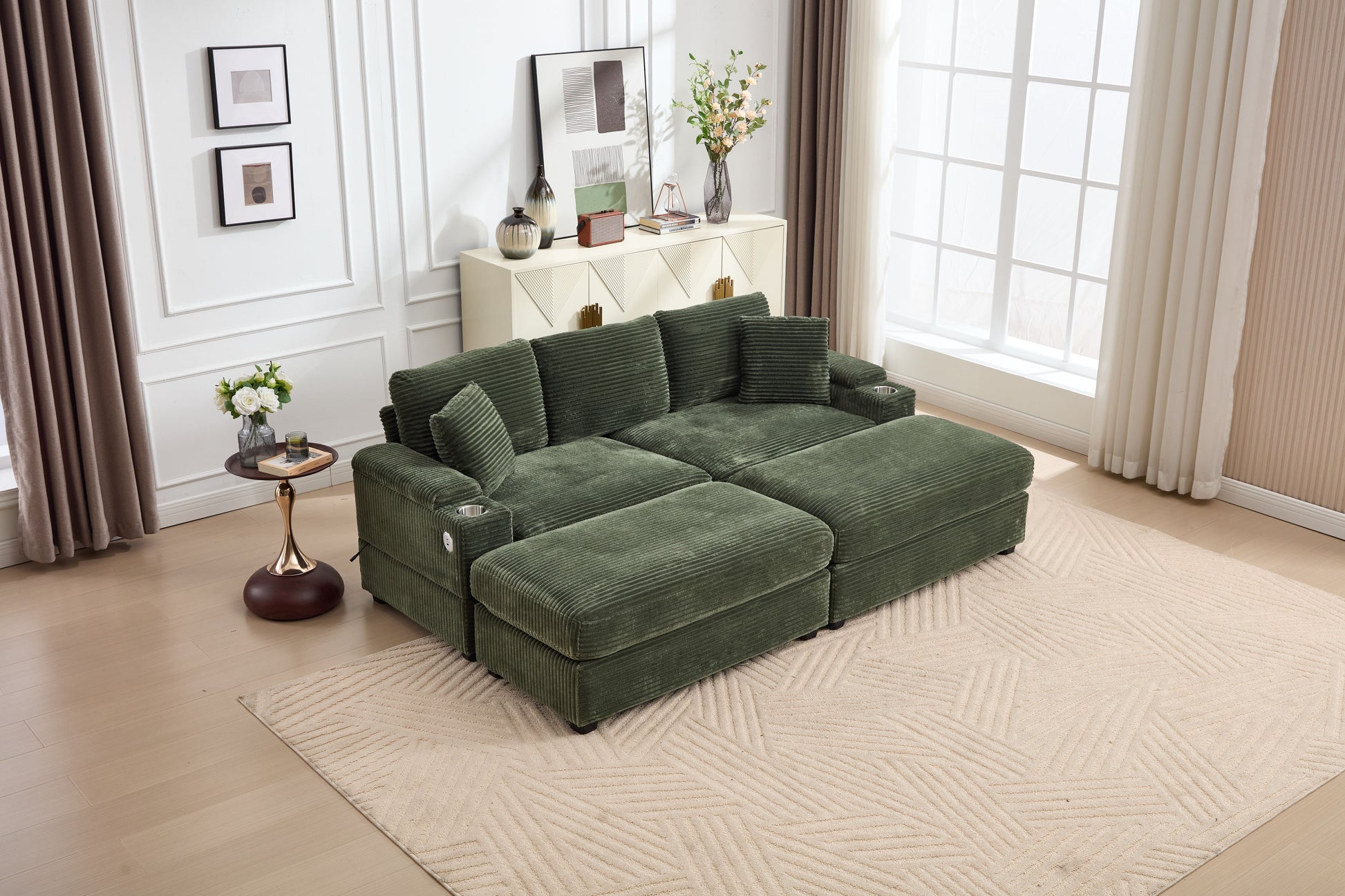 [VIDEO/New]Combination Modular Convertible Sectional Sofa Bed Set,Armrest storage, Stainless steel cup holder, USB, Upholstered Sofa, Deep Seat, Living Room, Loft, Apartment, Office, Green image 1
