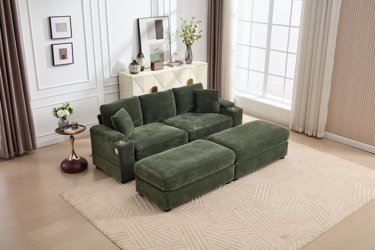 [VIDEO/New]Combination Modular Convertible Sectional Sofa Bed Set,Armrest storage, Stainless steel cup holder, USB, Upholstered Sofa, Deep Seat, Living Room, Loft, Apartment, Office, Green image 10