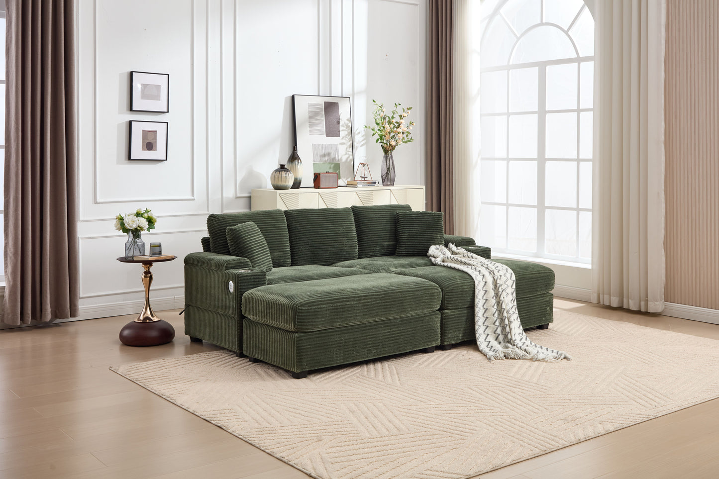 [VIDEO/New]Combination Modular Convertible Sectional Sofa Bed Set,Armrest storage, Stainless steel cup holder, USB, Upholstered Sofa, Deep Seat, Living Room, Loft, Apartment, Office, Green image 2