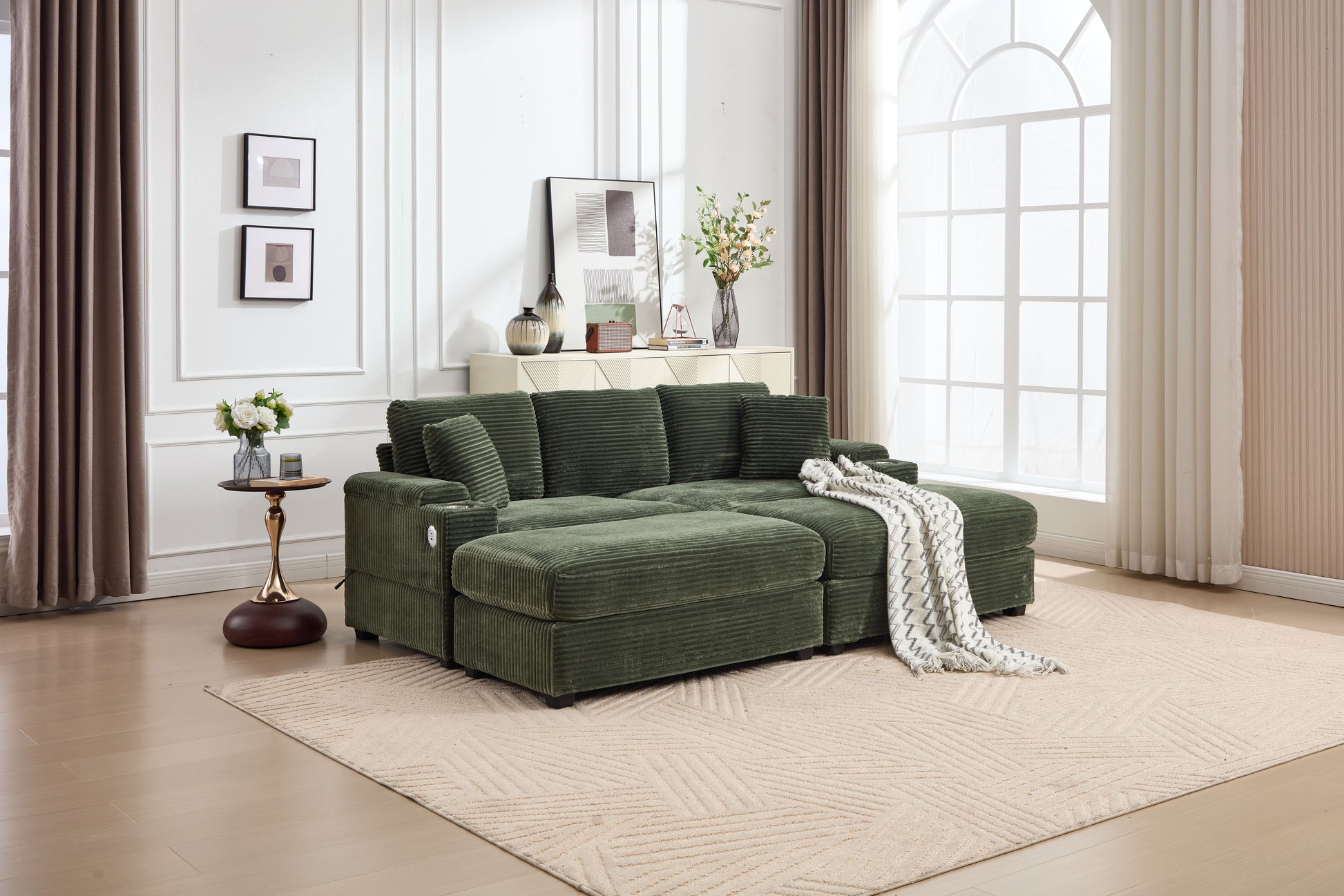 [VIDEO/New]Combination Modular Convertible Sectional Sofa Bed Set,Armrest storage, Stainless steel cup holder, USB, Upholstered Sofa, Deep Seat, Living Room, Loft, Apartment, Office, Green image 2