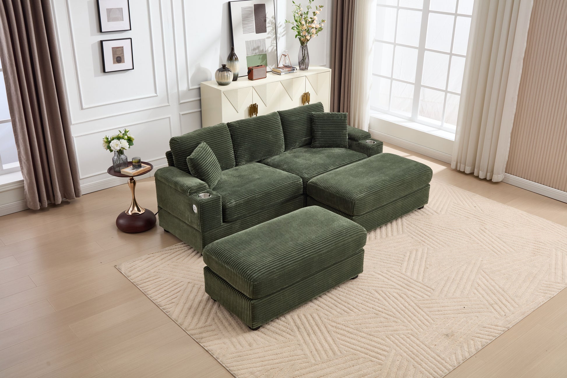 [VIDEO/New]Combination Modular Convertible Sectional Sofa Bed Set,Armrest storage, Stainless steel cup holder, USB, Upholstered Sofa, Deep Seat, Living Room, Loft, Apartment, Office, Green image 3