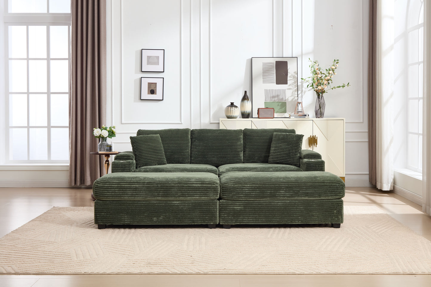 [VIDEO/New]Combination Modular Convertible Sectional Sofa Bed Set,Armrest storage, Stainless steel cup holder, USB, Upholstered Sofa, Deep Seat, Living Room, Loft, Apartment, Office, Green image 4