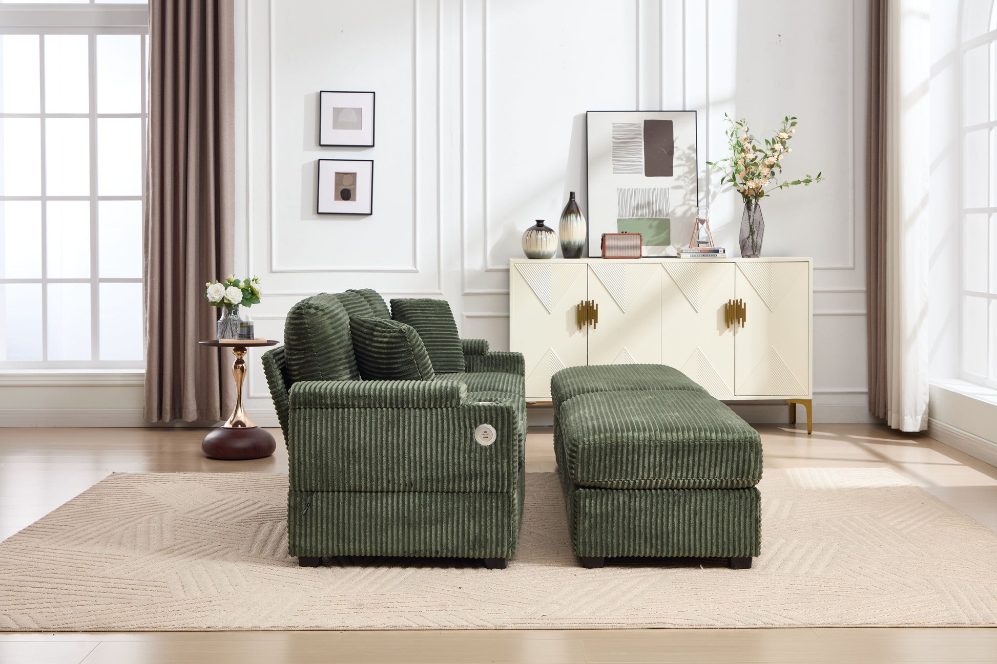 [VIDEO/New]Combination Modular Convertible Sectional Sofa Bed Set,Armrest storage, Stainless steel cup holder, USB, Upholstered Sofa, Deep Seat, Living Room, Loft, Apartment, Office, Green image 6
