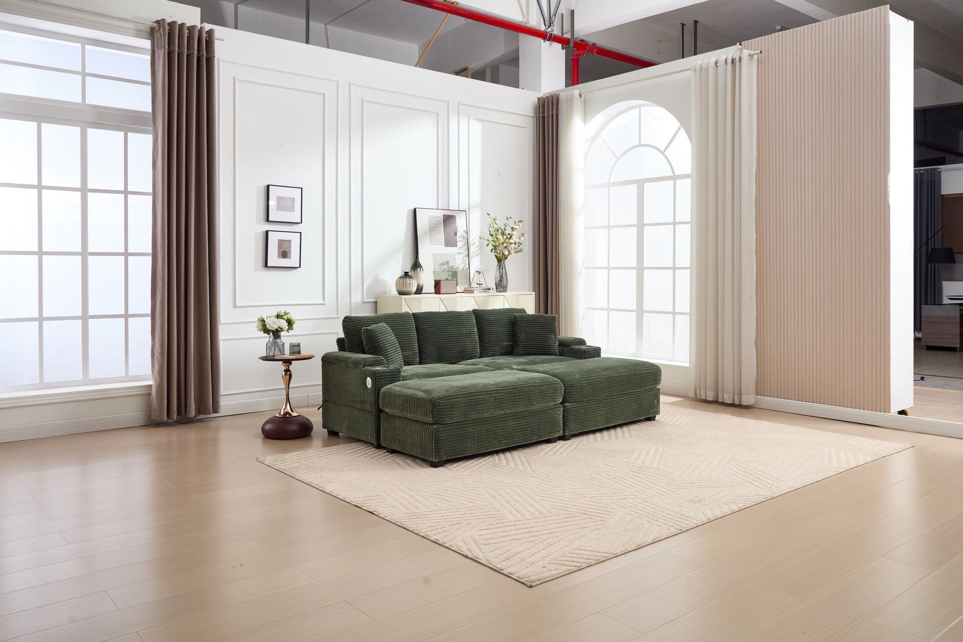 [VIDEO/New]Combination Modular Convertible Sectional Sofa Bed Set,Armrest storage, Stainless steel cup holder, USB, Upholstered Sofa, Deep Seat, Living Room, Loft, Apartment, Office, Green image 8
