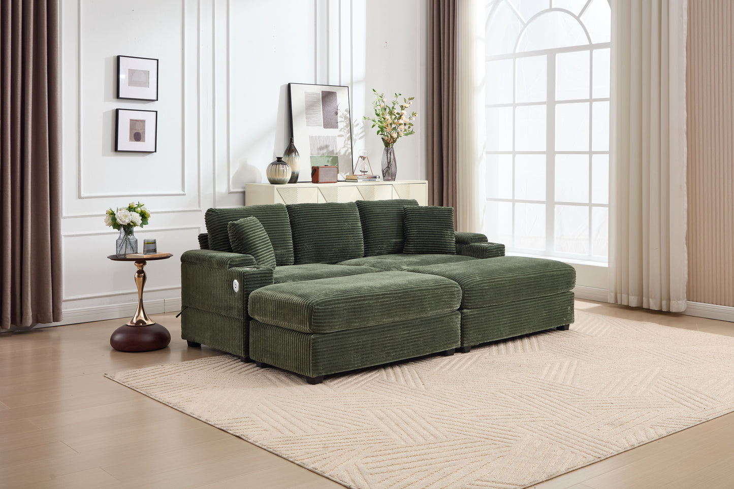 [VIDEO/New]Combination Modular Convertible Sectional Sofa Bed Set,Armrest storage, Stainless steel cup holder, USB, Upholstered Sofa, Deep Seat, Living Room, Loft, Apartment, Office, Green image 9