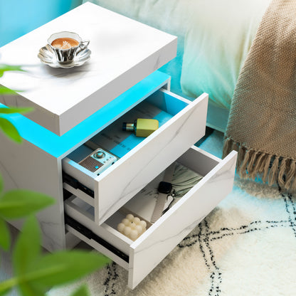 Nightstand LED Bedside Table Cabinet Lights Modern End Side with 2 Drawers for Bedroom (White Stone) image 2