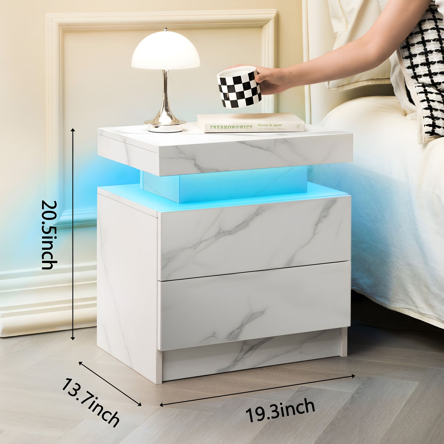 Nightstand LED Bedside Table Cabinet Lights Modern End Side with 2 Drawers for Bedroom (White Stone) image 3