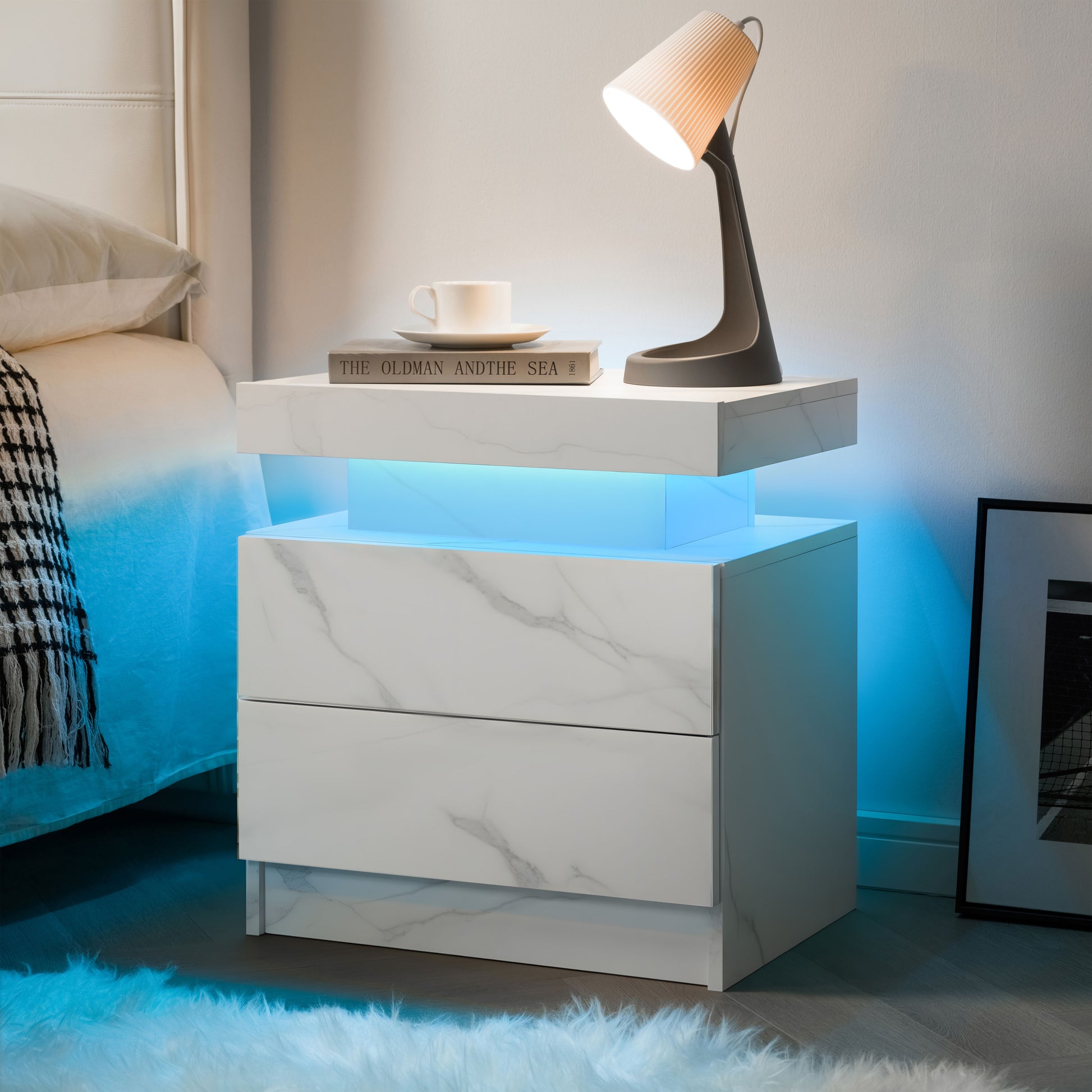 Nightstand LED Bedside Table Cabinet Lights Modern End Side with 2 Drawers for Bedroom (White Stone) image 5