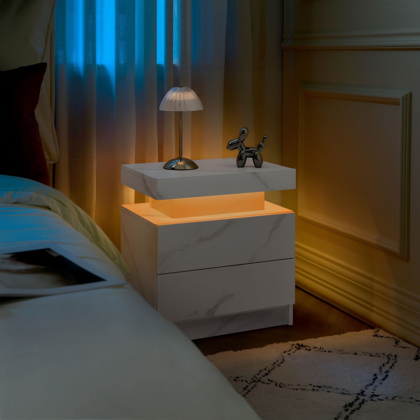Nightstand LED Bedside Table Cabinet Lights Modern End Side with 2 Drawers for Bedroom (White Stone) image 6