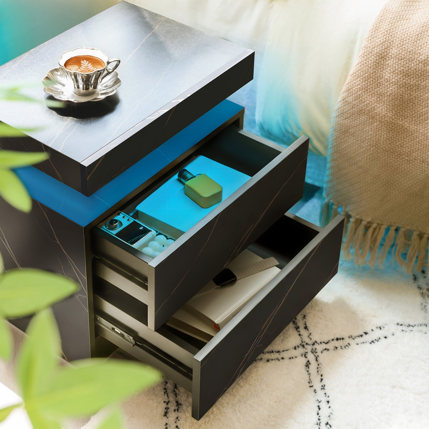 Nightstand LED Bedside Table Cabinet Lights Modern End Side with 2 Drawers for Bedroom (Black Gold) image 2