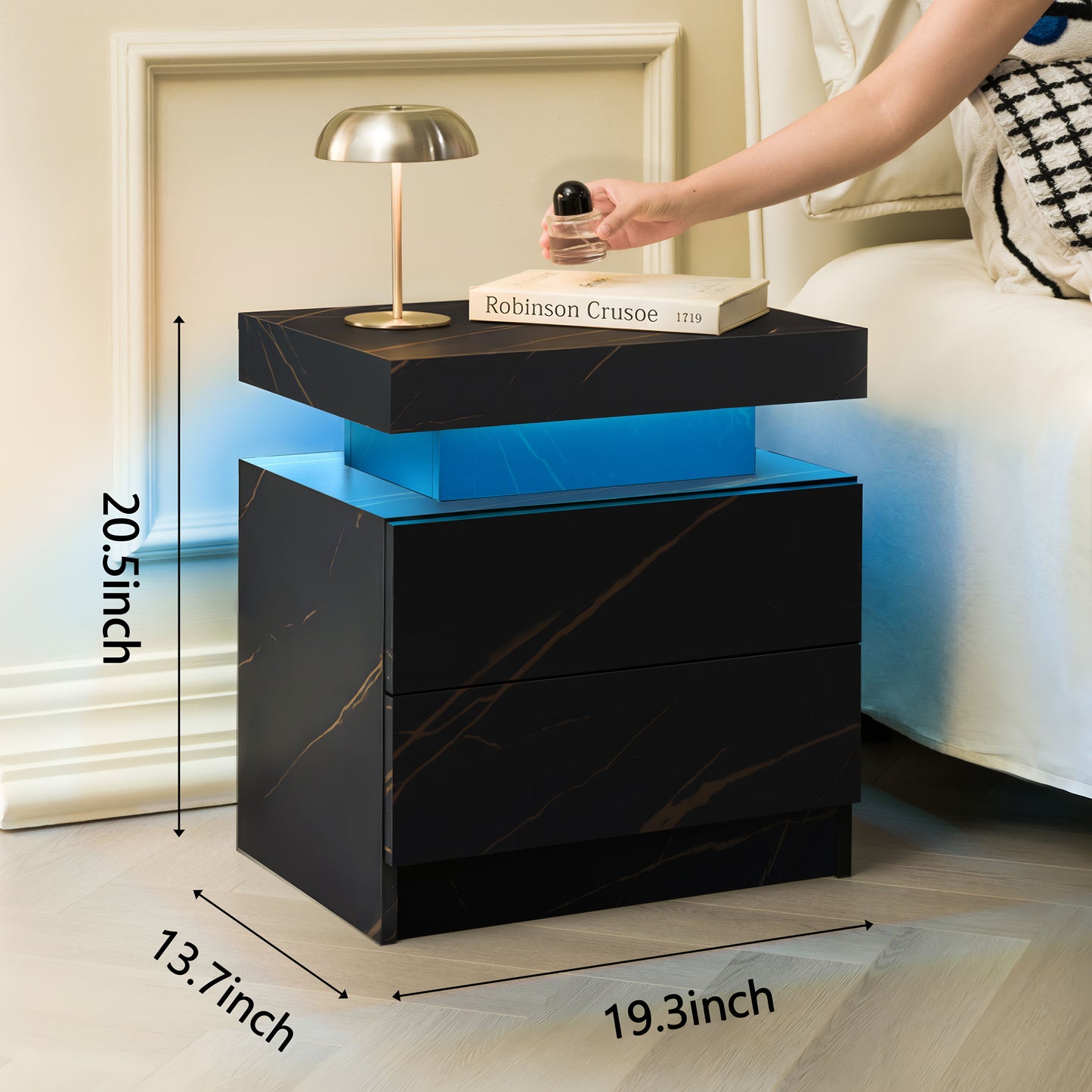 Nightstand LED Bedside Table Cabinet Lights Modern End Side with 2 Drawers for Bedroom (Black Gold) image 3