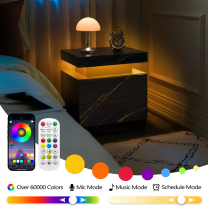 Nightstand LED Bedside Table Cabinet Lights Modern End Side with 2 Drawers for Bedroom (Black Gold) image 4