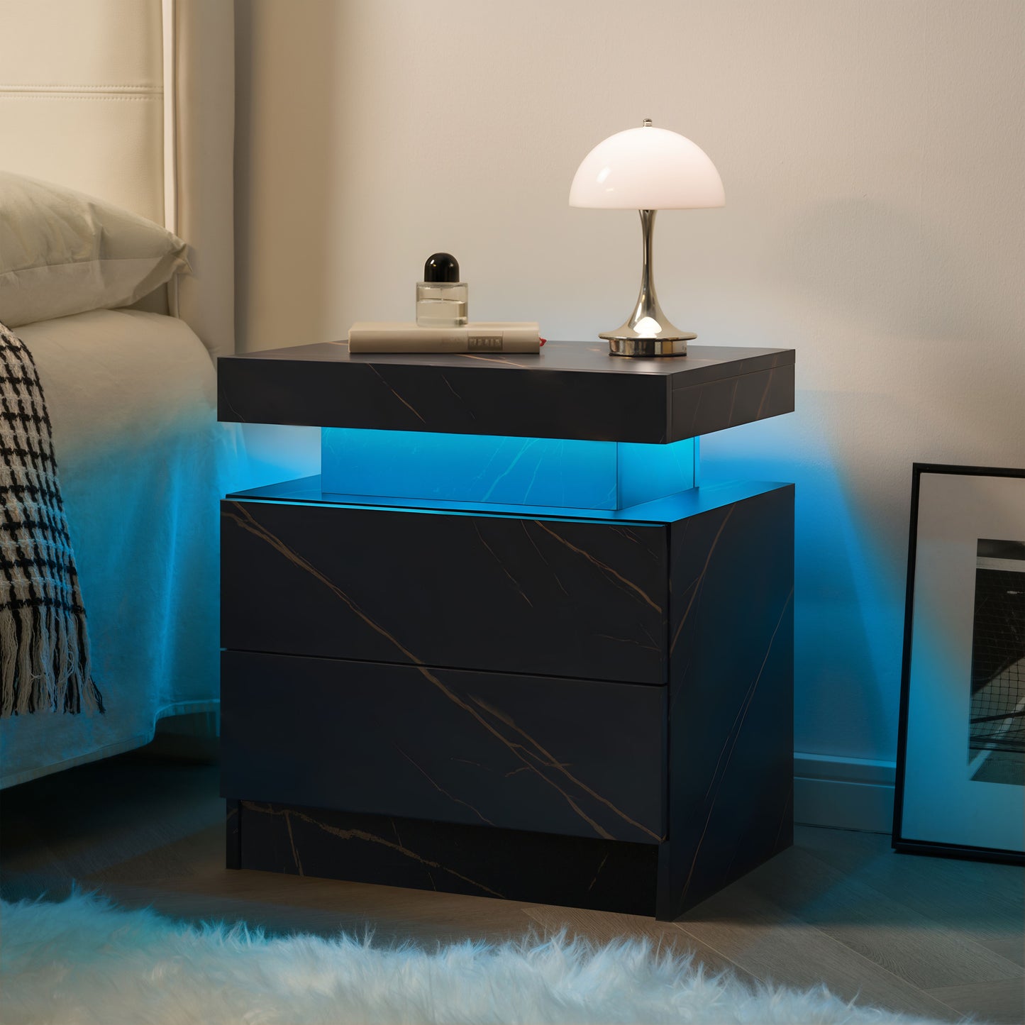 Nightstand LED Bedside Table Cabinet Lights Modern End Side with 2 Drawers for Bedroom (Black Gold) image 5