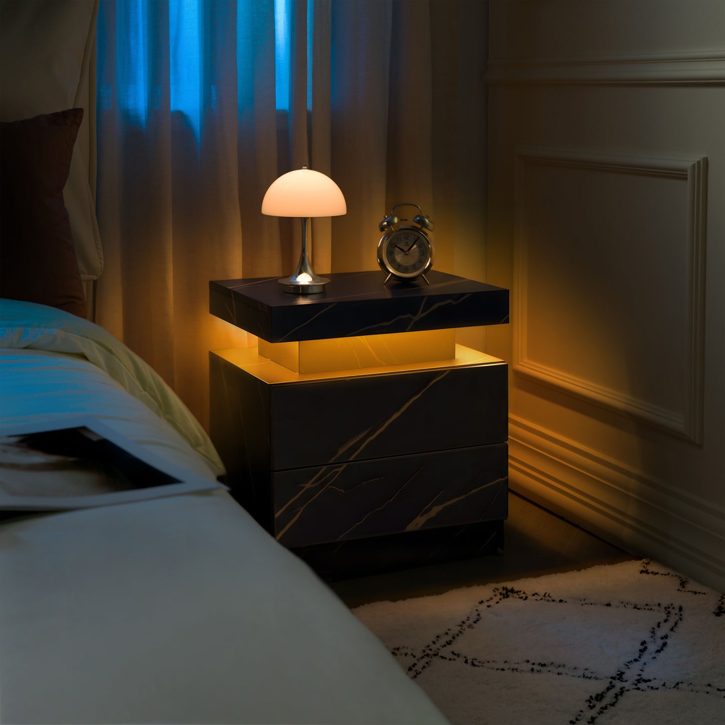 Nightstand LED Bedside Table Cabinet Lights Modern End Side with 2 Drawers for Bedroom (Black Gold) image 6