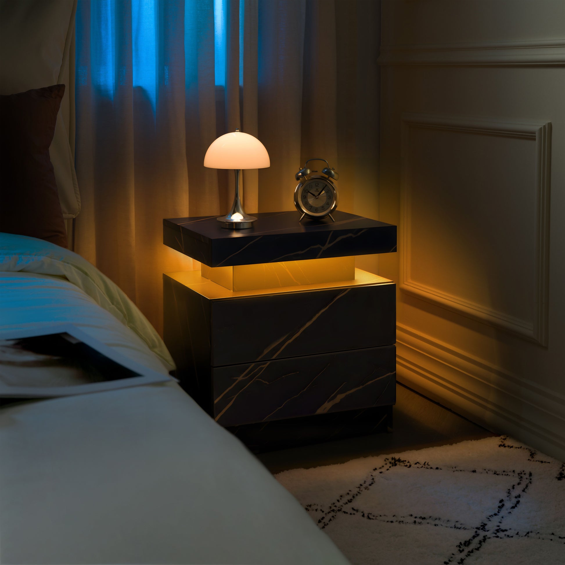 Nightstand LED Bedside Table Cabinet Lights Modern End Side with 2 Drawers for Bedroom (Black Gold) image 6
