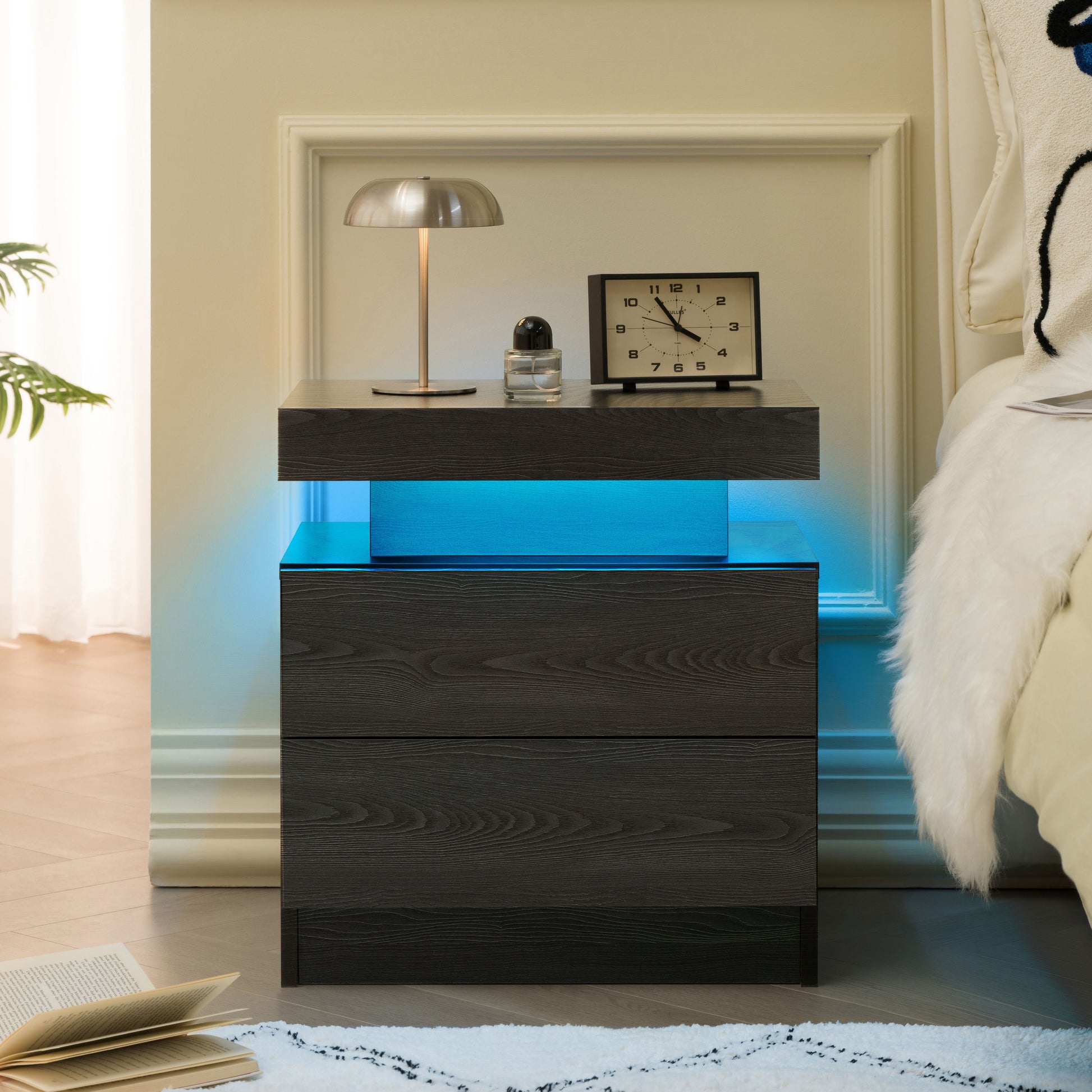 Nightstand LED Bedside Table Cabinet Lights Modern End Side with 2 Drawers for Bedroom (Black Woodgrain) image 1