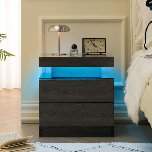 Modern LED nightstand black woodgrain with 2 drawers front view