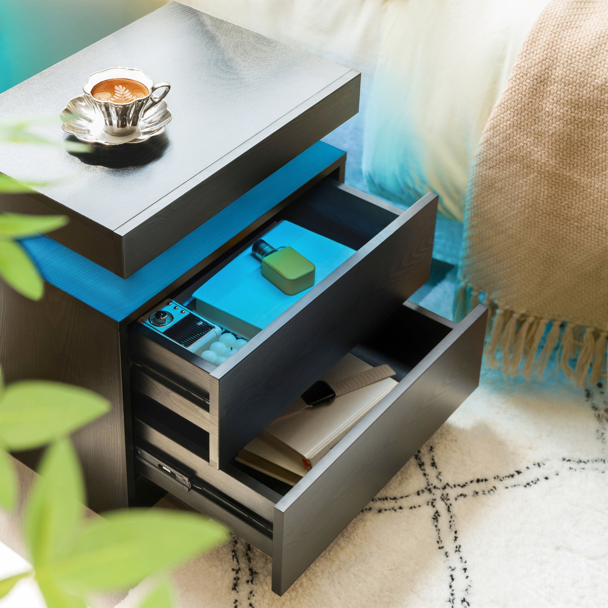 Nightstand LED Bedside Table Cabinet Lights Modern End Side with 2 Drawers for Bedroom (Black Woodgrain) image 2