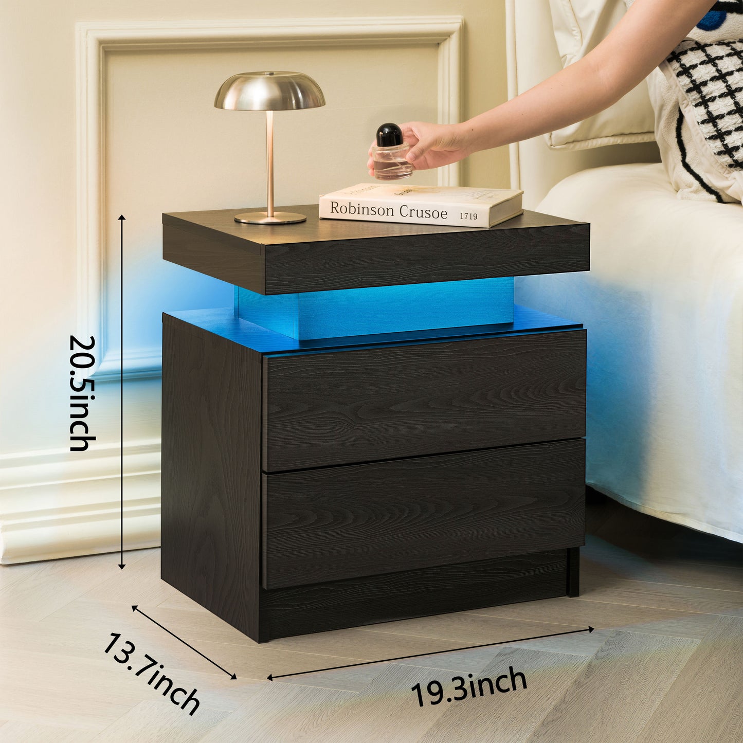 Nightstand LED Bedside Table Cabinet Lights Modern End Side with 2 Drawers for Bedroom (Black Woodgrain) image 3