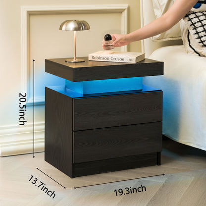 Nightstand LED Bedside Table Cabinet Lights Modern End Side with 2 Drawers for Bedroom (Black Woodgrain) image 3