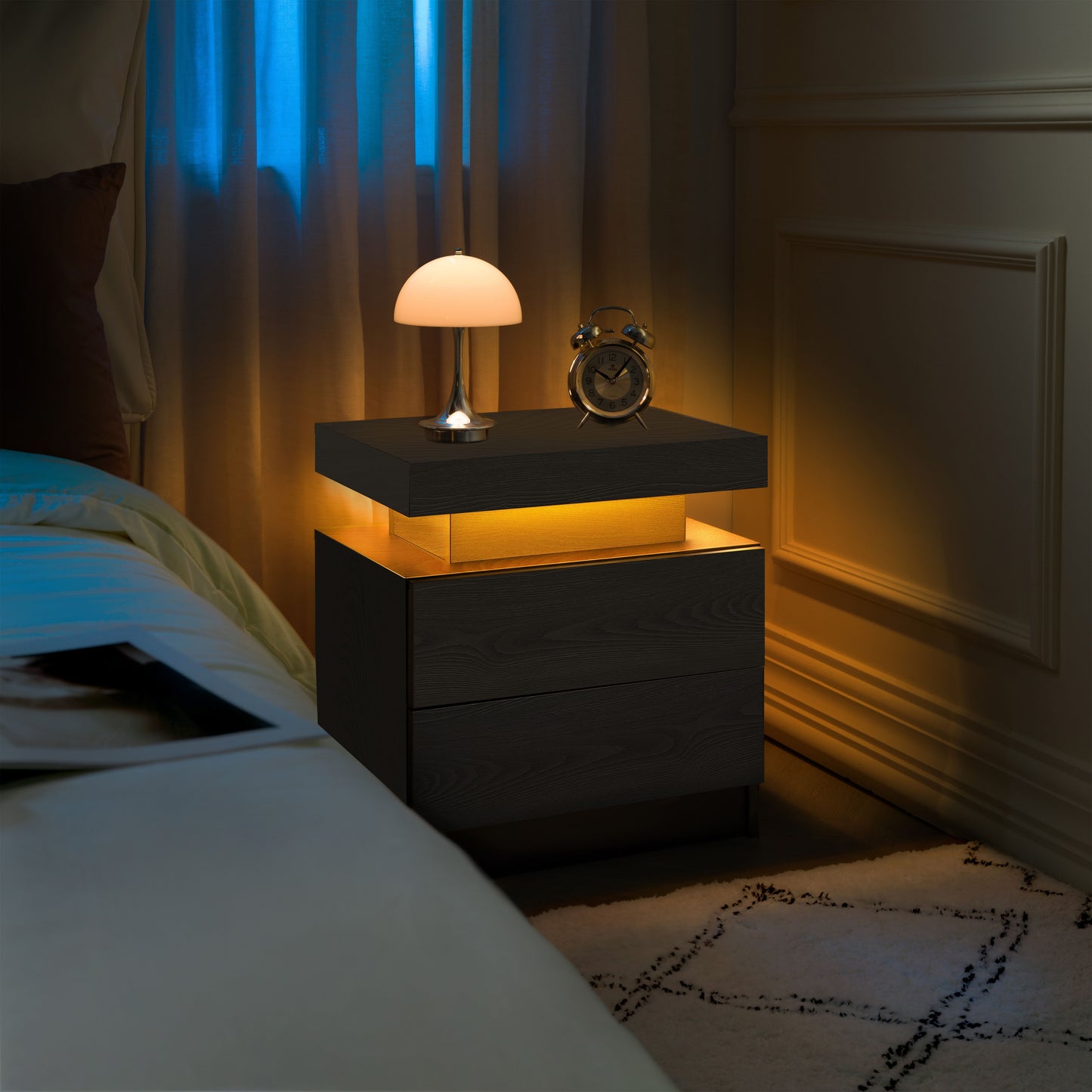Nightstand LED Bedside Table Cabinet Lights Modern End Side with 2 Drawers for Bedroom (Black Woodgrain) image 5