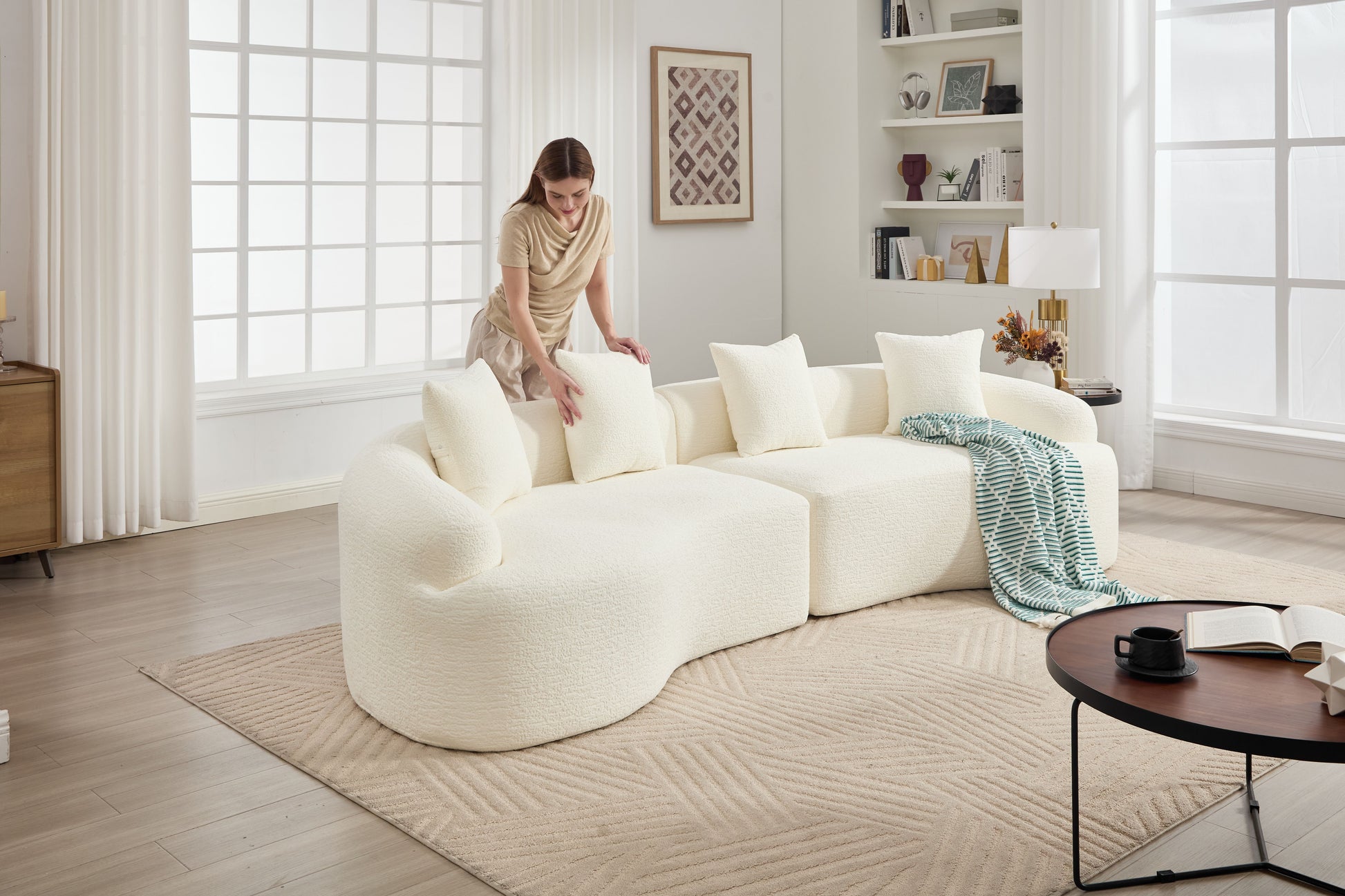 Curved Boneless Sofa,Compression Modular 110'' Sectional,White High-Density,Couches Sleeper for Living Room Bedroom Apartment Lounge,Chenille image 11