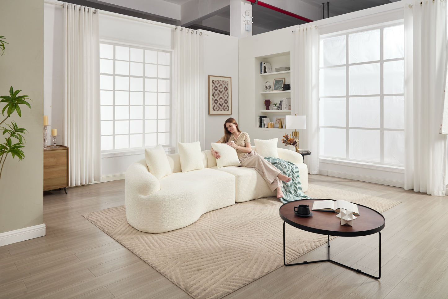 Curved Boneless Sofa,Compression Modular 110'' Sectional,White High-Density,Couches Sleeper for Living Room Bedroom Apartment Lounge,Chenille image 12