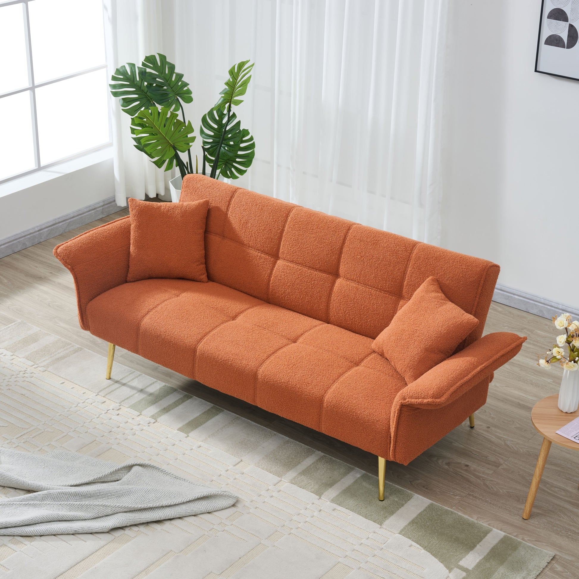 70-inch teddy fleece sofabed, convertible futon sofabed with adjustable arms and backrest, modern love sofa for living room and bedroom. image 3