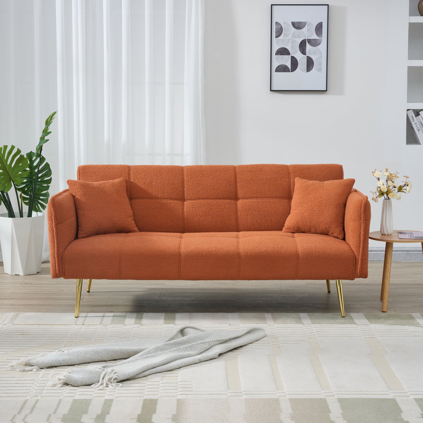70-inch teddy fleece sofabed, convertible futon sofabed with adjustable arms and backrest, modern love sofa for living room and bedroom. image 4