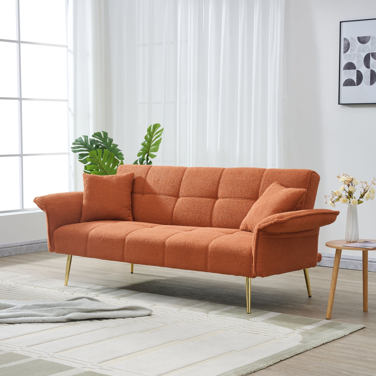 70-inch teddy fleece sofabed, convertible futon sofabed with adjustable arms and backrest, modern love sofa for living room and bedroom. image 5