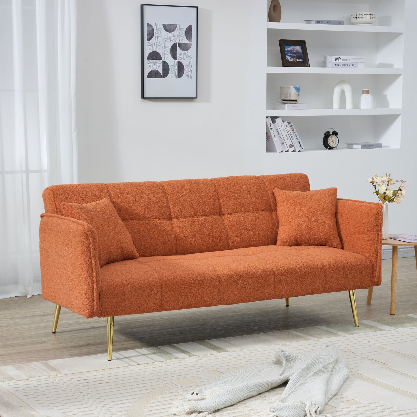 70-inch teddy fleece sofabed, convertible futon sofabed with adjustable arms and backrest, modern love sofa for living room and bedroom. image 7