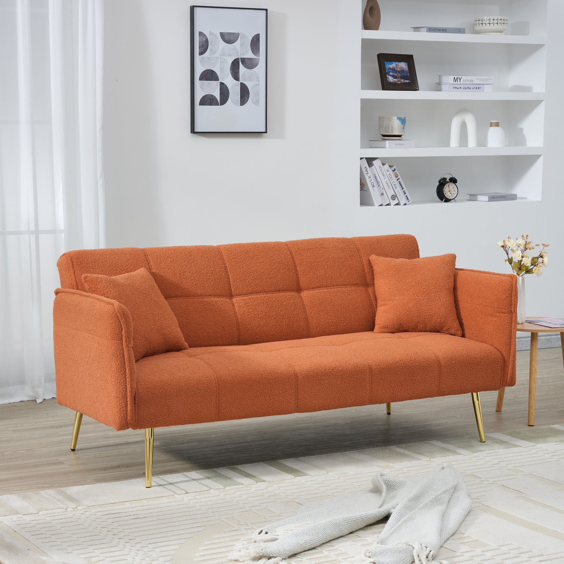 70-inch teddy fleece sofabed, convertible futon sofabed with adjustable arms and backrest, modern love sofa for living room and bedroom. image 7