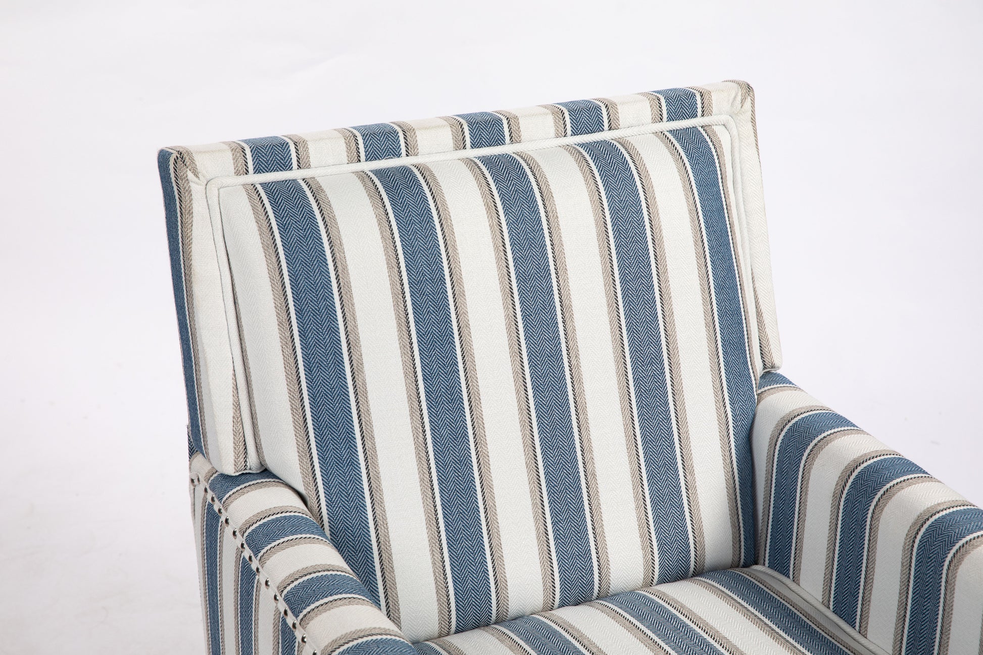 Upholstered Accent Chair, Vintage Armchair with Blue and White Striped Linen Fabric and Nailhead Trim for Living Room image 10