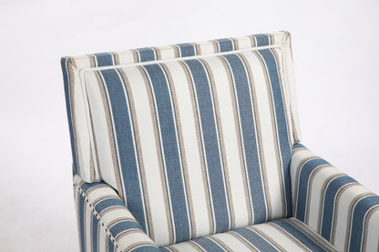 Upholstered Accent Chair, Vintage Armchair with Blue and White Striped Linen Fabric and Nailhead Trim for Living Room image 10