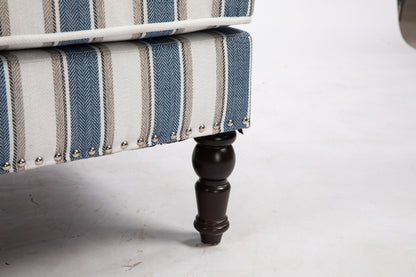 Upholstered Accent Chair, Vintage Armchair with Blue and White Striped Linen Fabric and Nailhead Trim for Living Room image 11