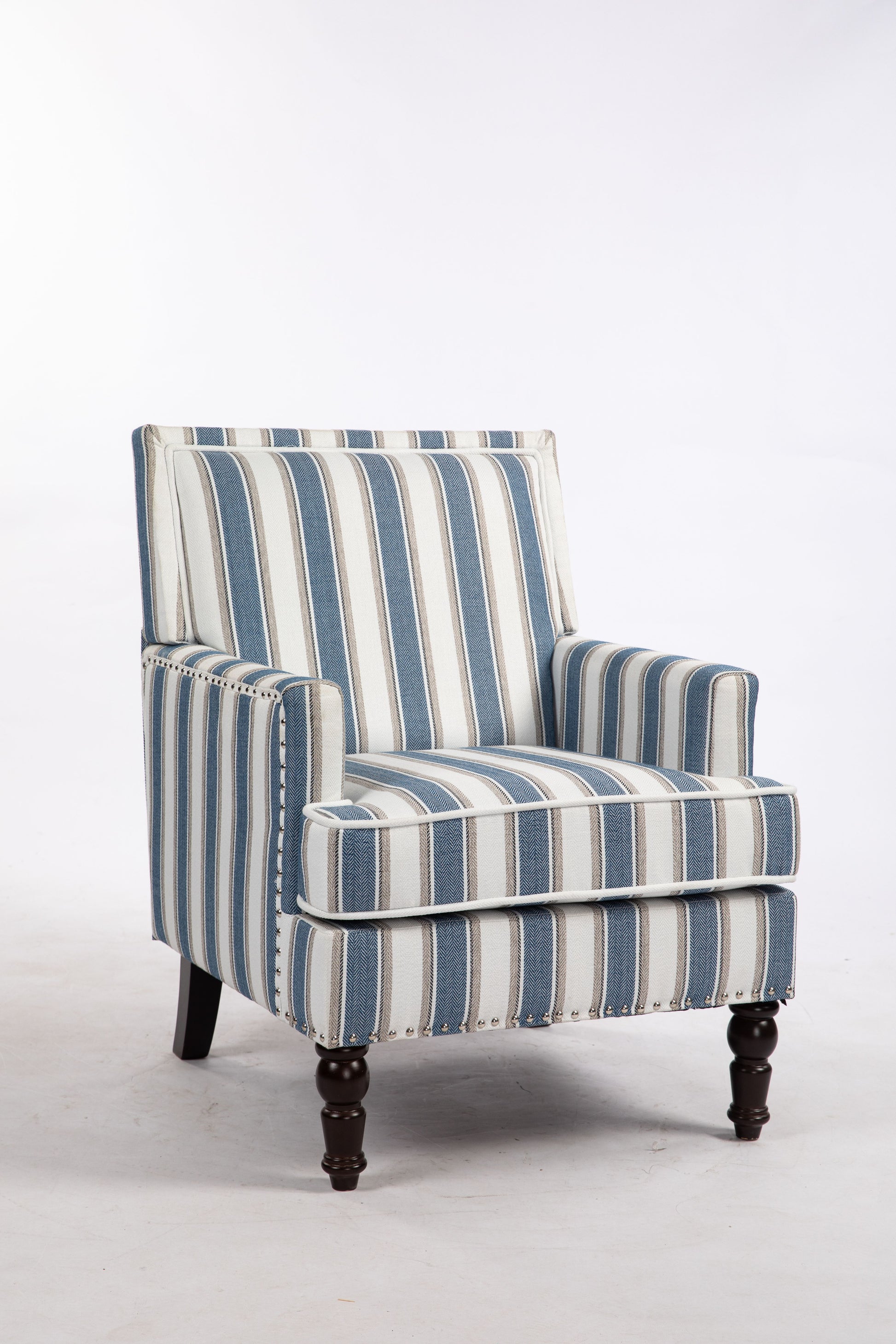 Upholstered Accent Chair, Vintage Armchair with Blue and White Striped Linen Fabric and Nailhead Trim for Living Room image 4