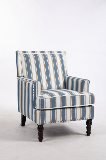 Upholstered Accent Chair, Vintage Armchair with Blue and White Striped Linen Fabric and Nailhead Trim for Living Room image 4
