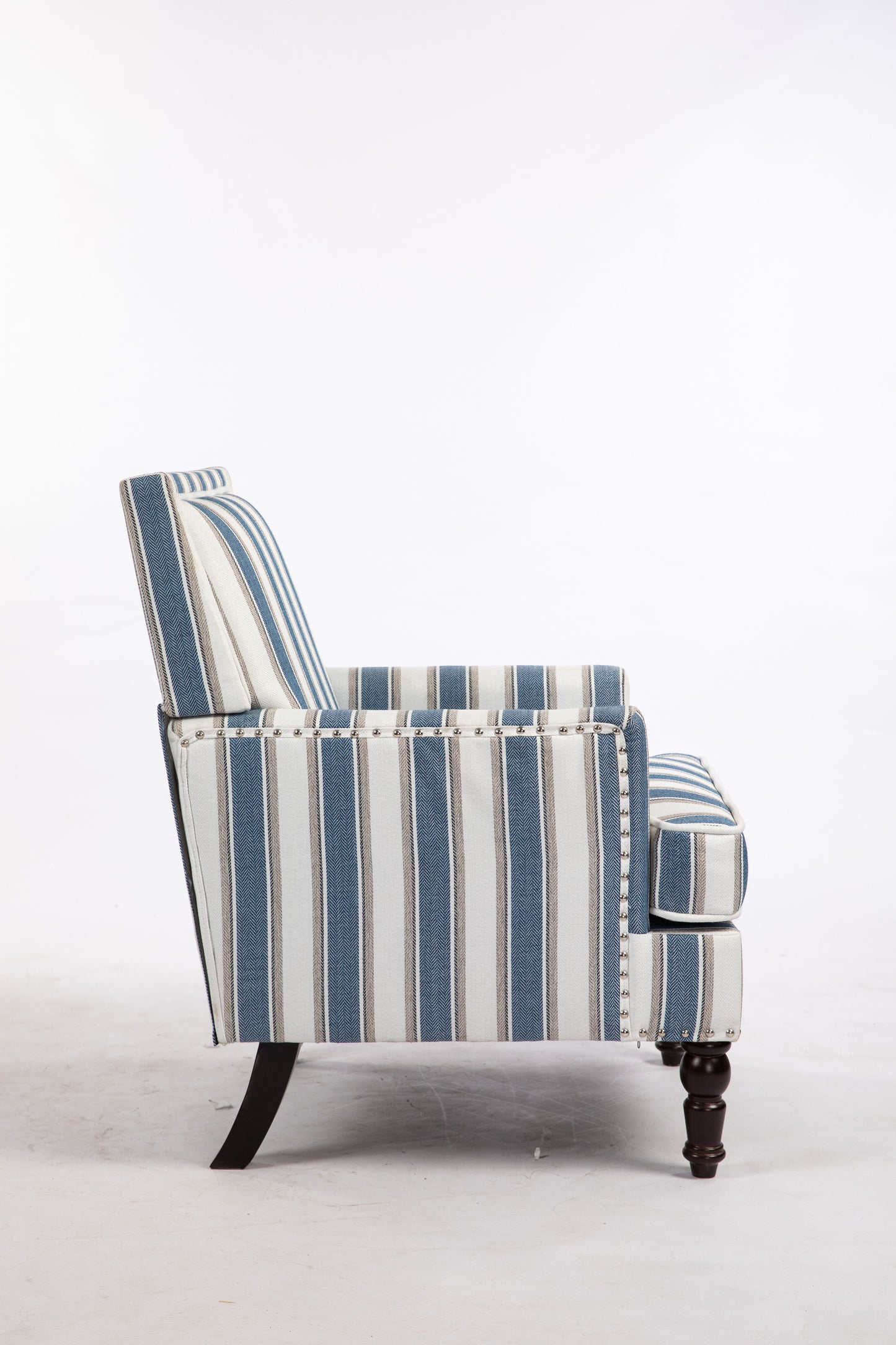 Upholstered Accent Chair, Vintage Armchair with Blue and White Striped Linen Fabric and Nailhead Trim for Living Room image 6
