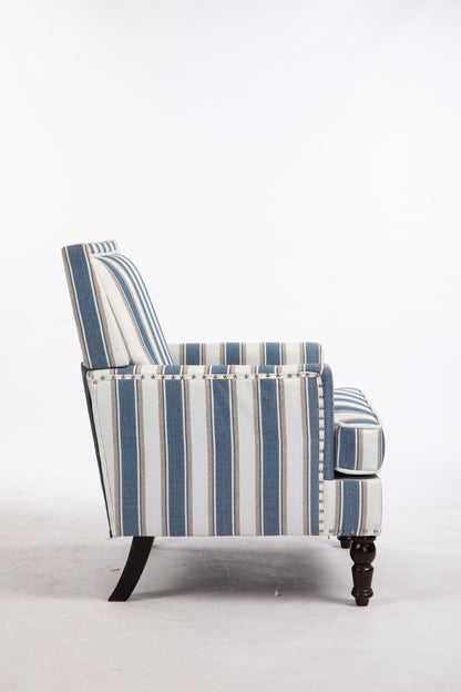 Upholstered Accent Chair, Vintage Armchair with Blue and White Striped Linen Fabric and Nailhead Trim for Living Room image 6