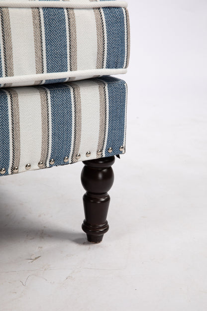 Upholstered Accent Chair, Vintage Armchair with Blue and White Striped Linen Fabric and Nailhead Trim for Living Room image 9