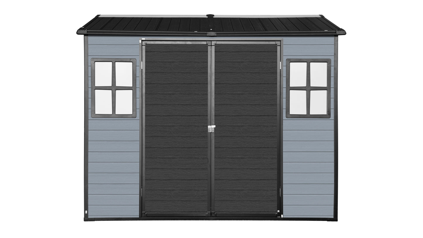 8x4ft Outdoor Resin Garden Shed with Floor and 2 Windows, Plastic Patio Outdoor Storage Shed with Lockable Door for Garden Tools, Bicycles, Trash Cans, Gray+Black image 10